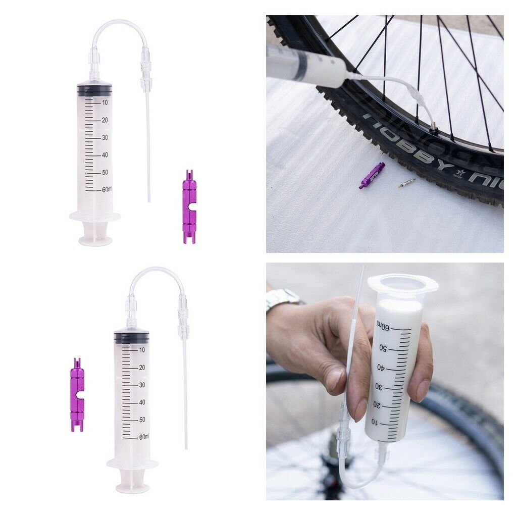 2x Bike Tubeless Tyre Sealant Syringe Injector Repair Tool & Valve Core Remover