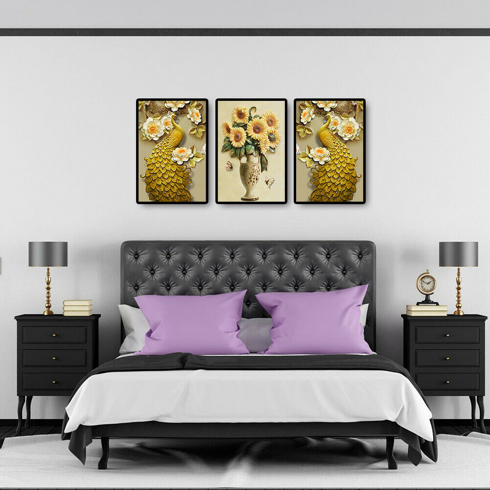 5D DIY Diamond Painting Golden Peafowl Flower Full Round Drill Embroidery  @