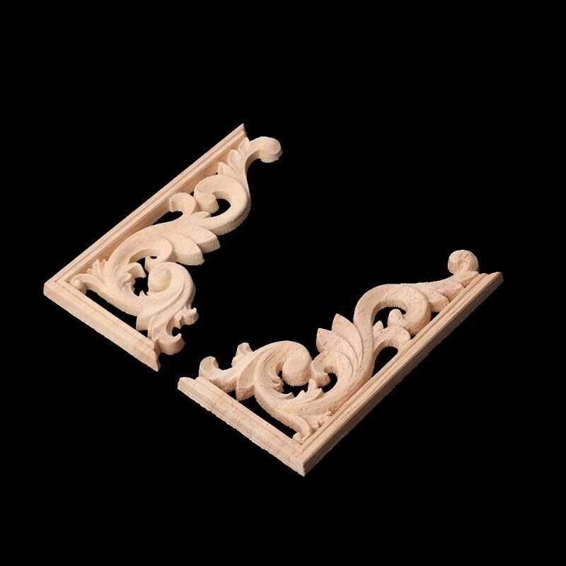1Pair Wood Carved Corner Onlay Applique Frame Furniture Craft Unpainted Decor EE