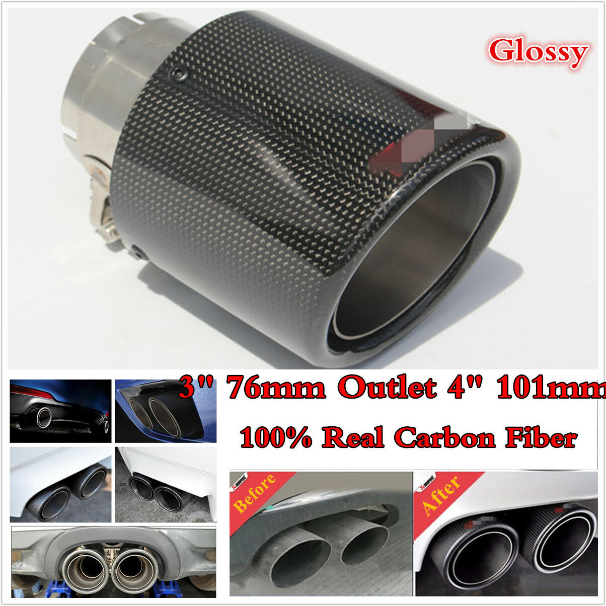 100% Carbon Fiber Black Glossy Car Exhaust Muffler Pipe 3" 76mm Outlet 4" 101mm