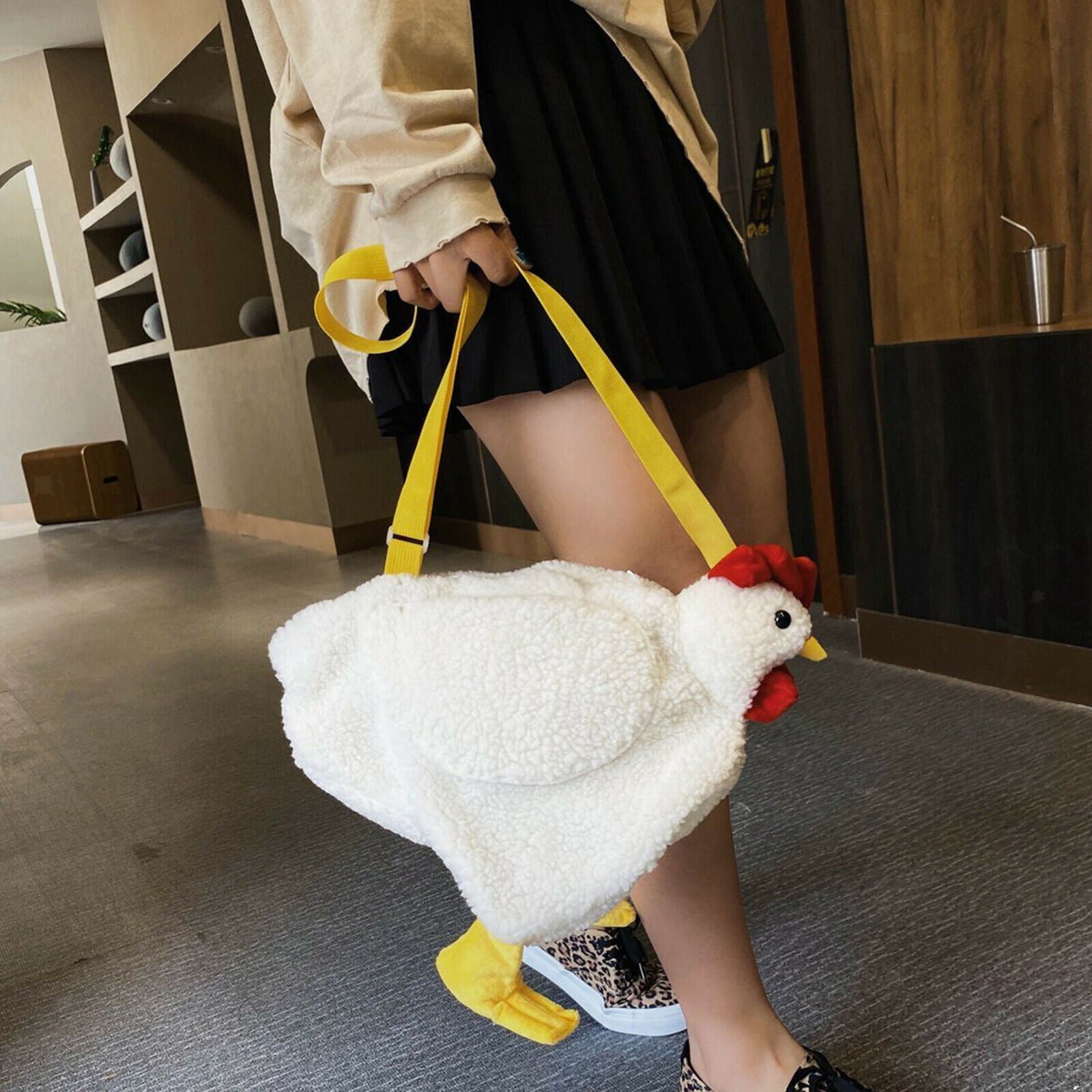 Women faux fur tote bag shoulder bag cartoon chicken plush handbag