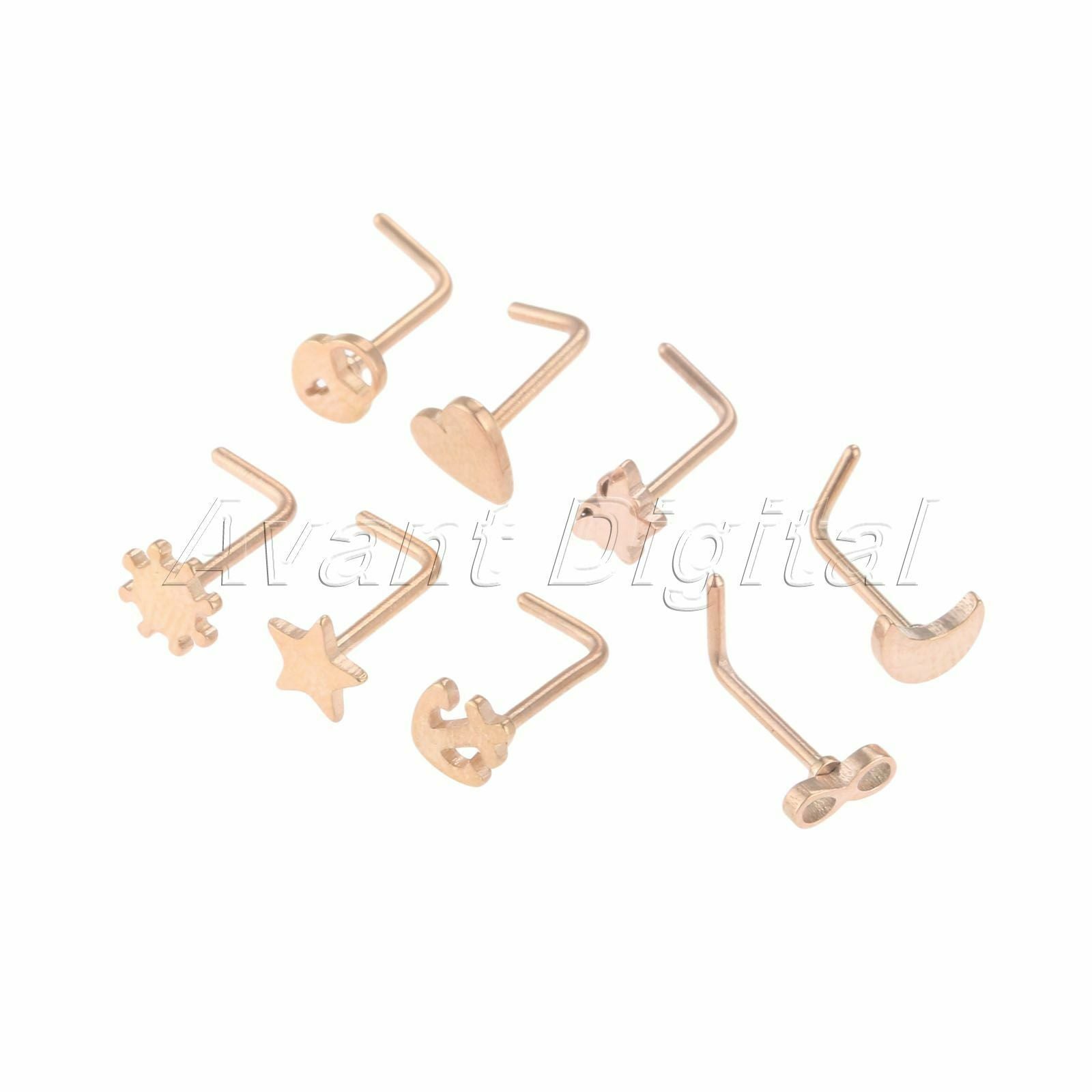 0.8mm Anchor Butterfly Star Shaped Nose Stud Nail Ring Men Women Set Rosegold