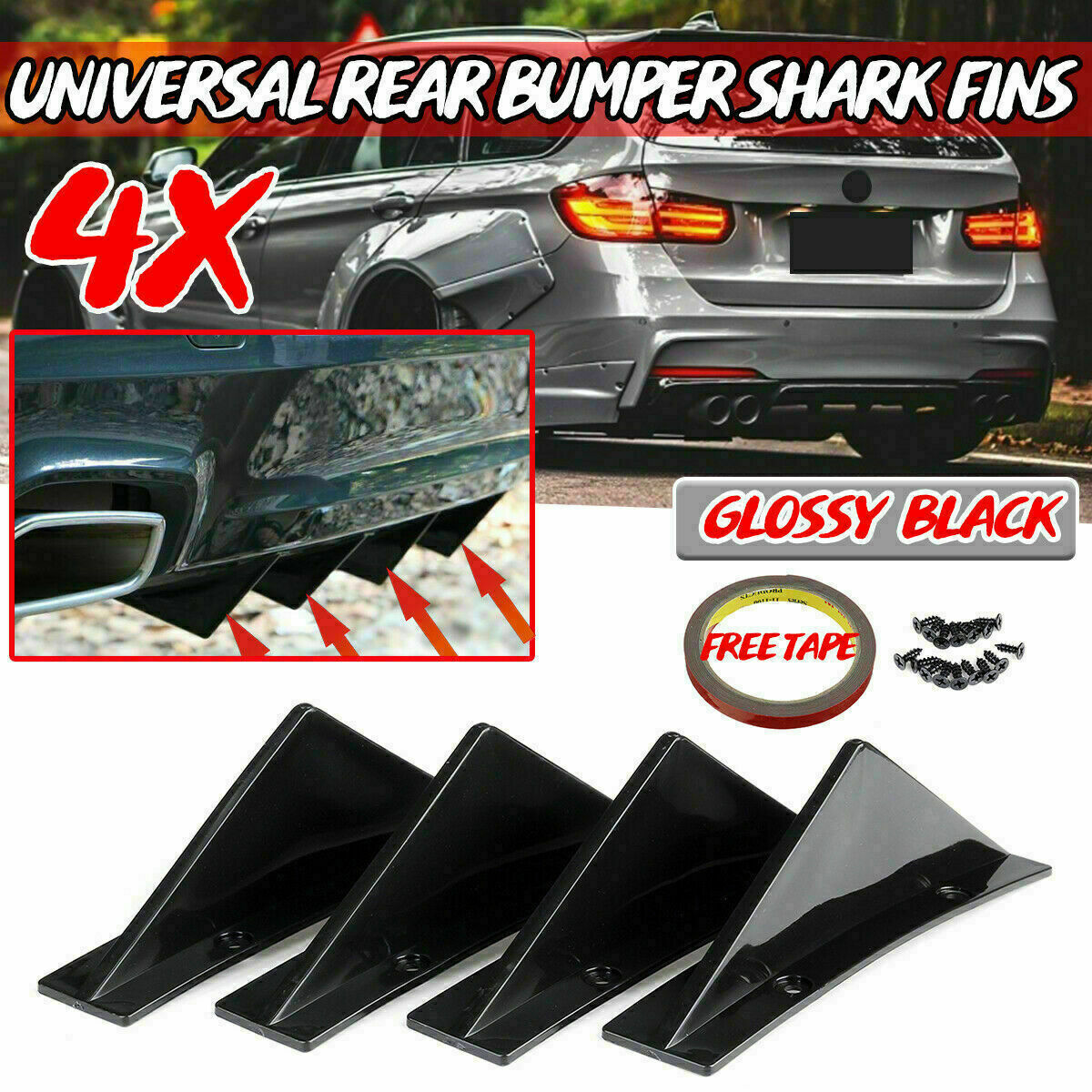 4x Universal Rear Bumpers Diffuser Spoiler Lip Splitter Shark Fin Trim Covers AU