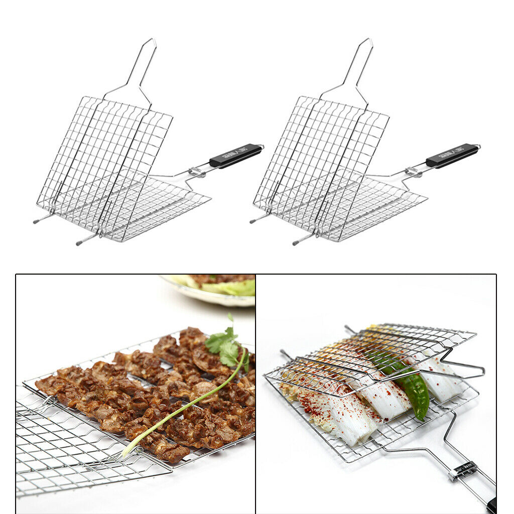 2pcs Outdoor BBQ Meat Grill Basket Clip Barbeque Stainless Steel Wire Tray Net