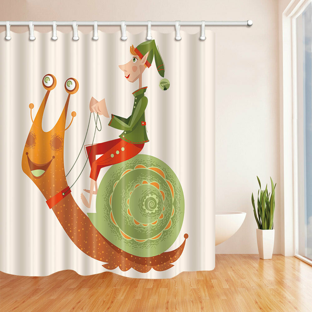 Elf Riding A Snail Fabric Bathroom Shower Curtains & Hooks 71x71"