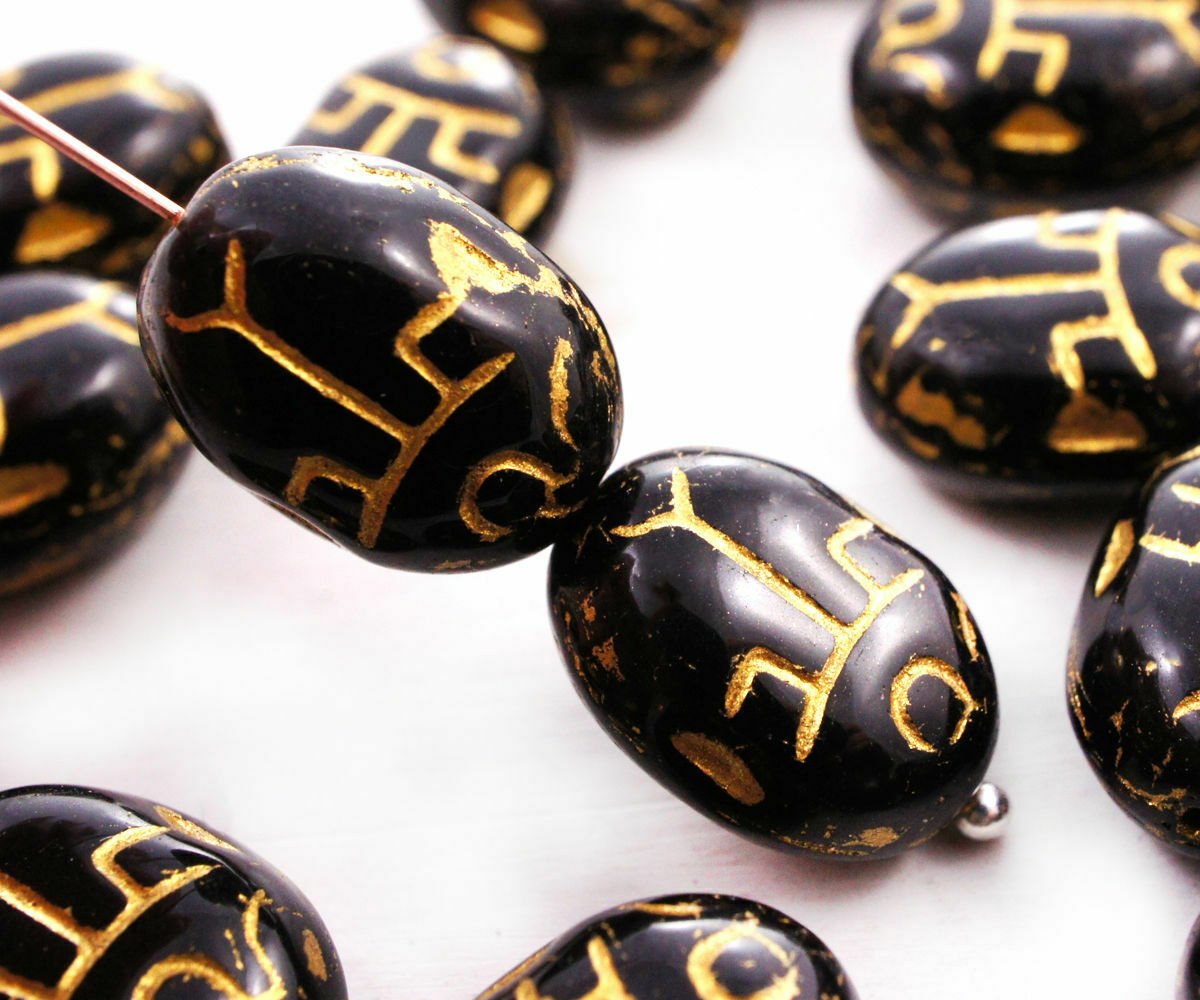 10pcs Jet Black Scarab Czech Glass Insect Beads Bug Beetle 14mm x 10mm