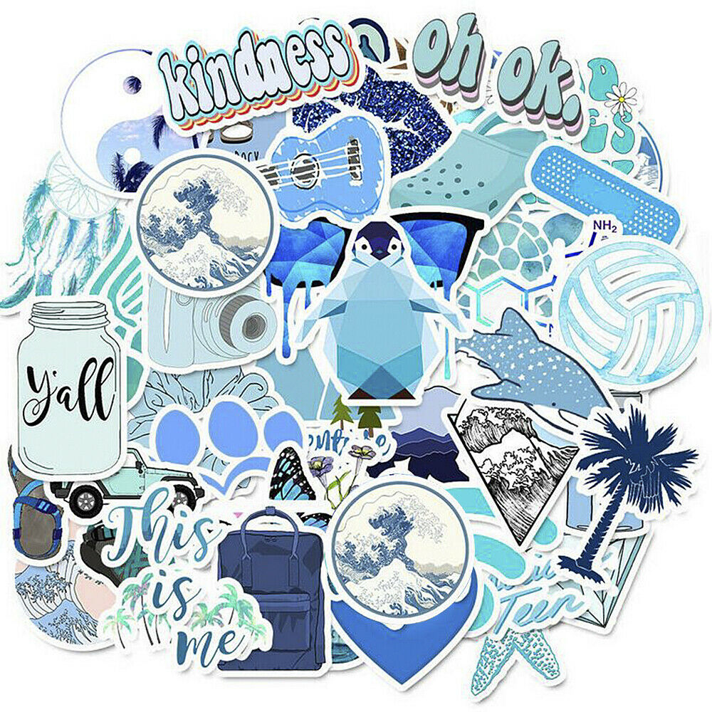 50PCS Blue Skateboard Stickers Set Waterproof Vinyl Laptop Travel Luggage Decals