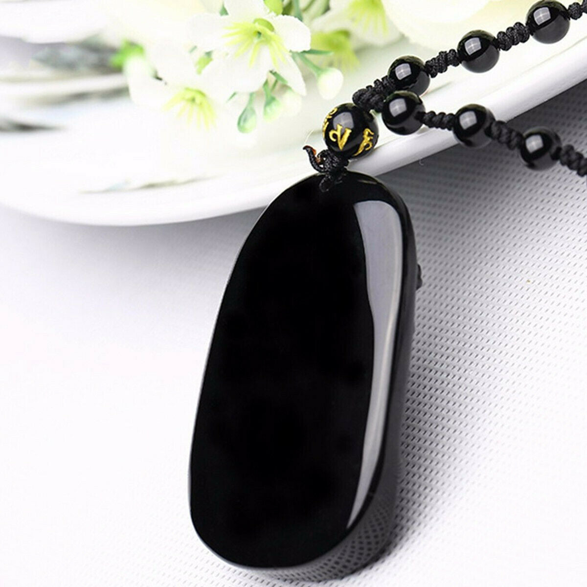 6PCS Natural Black Obsidian Hand Carved Dragon Blessing Beads Pendant Necklace