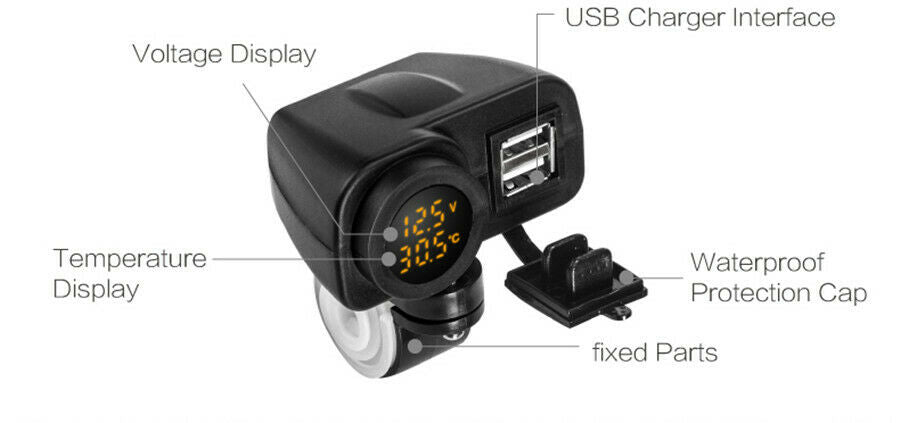 Motorcycle Bike Dual USB Charger 4.2A Digital Yellow LED W/ Phone Location Chip