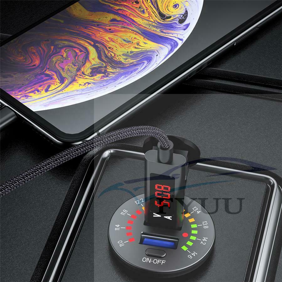 1 x QC 3.0 Car Dual USB Charger with LED Voltmeter ON OFF Switch Universal ABS