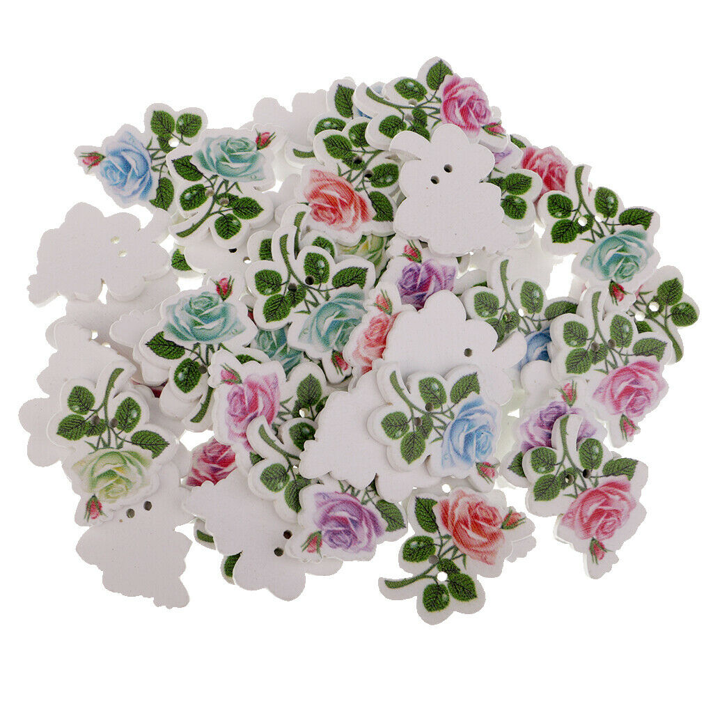 50pcs Rose Flower Shape 2 Holes Wooden Button for Scrapbooking Decoration