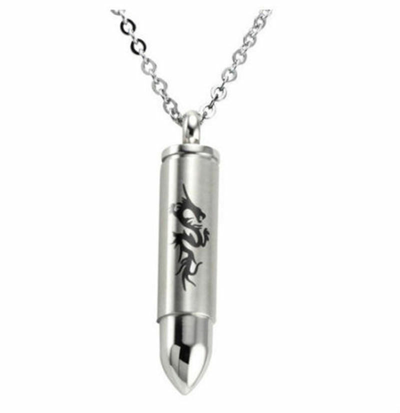 Bullet Memorial Cremation Ash Urn Stainless Steel Pendant Chain Necklace Pip