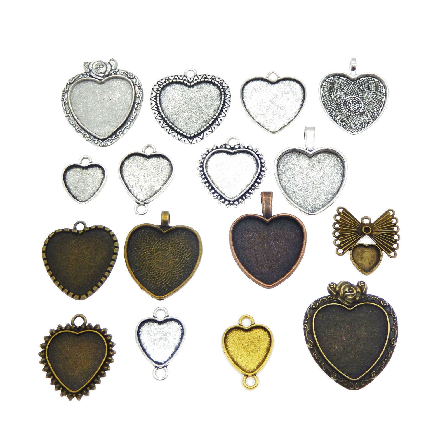9 Mix Retro Alloy Base Settings Heart Pendant Tray Bezel Frame Charm DIY Crafts