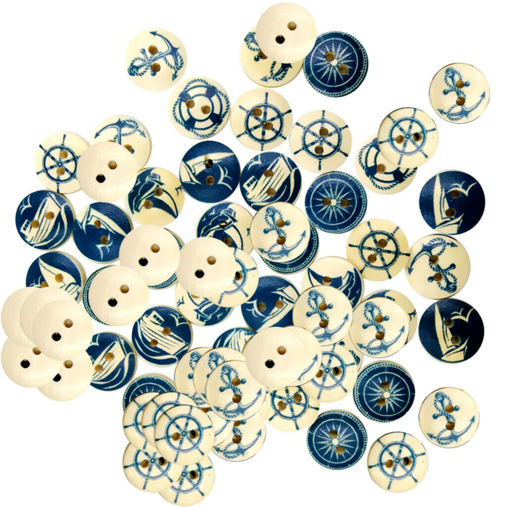 100Pieces Mixed Nautical Wooden 2 Holes Flat Buttons for Sewing Crafting