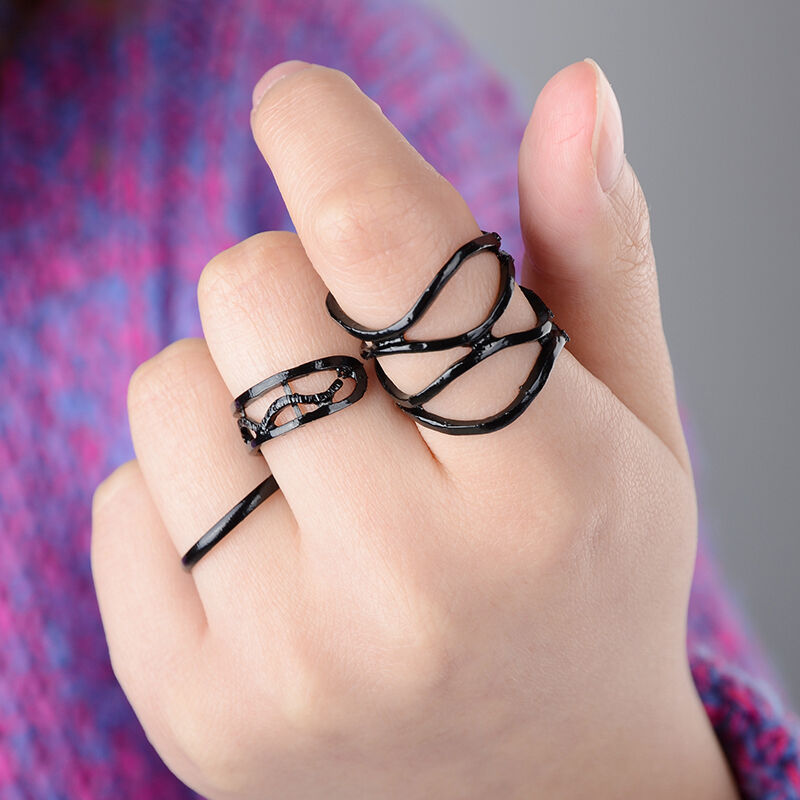 3PCS/Set Womens Black Punk Stack Plain Above Knuckle Ring Finger Midi Rings