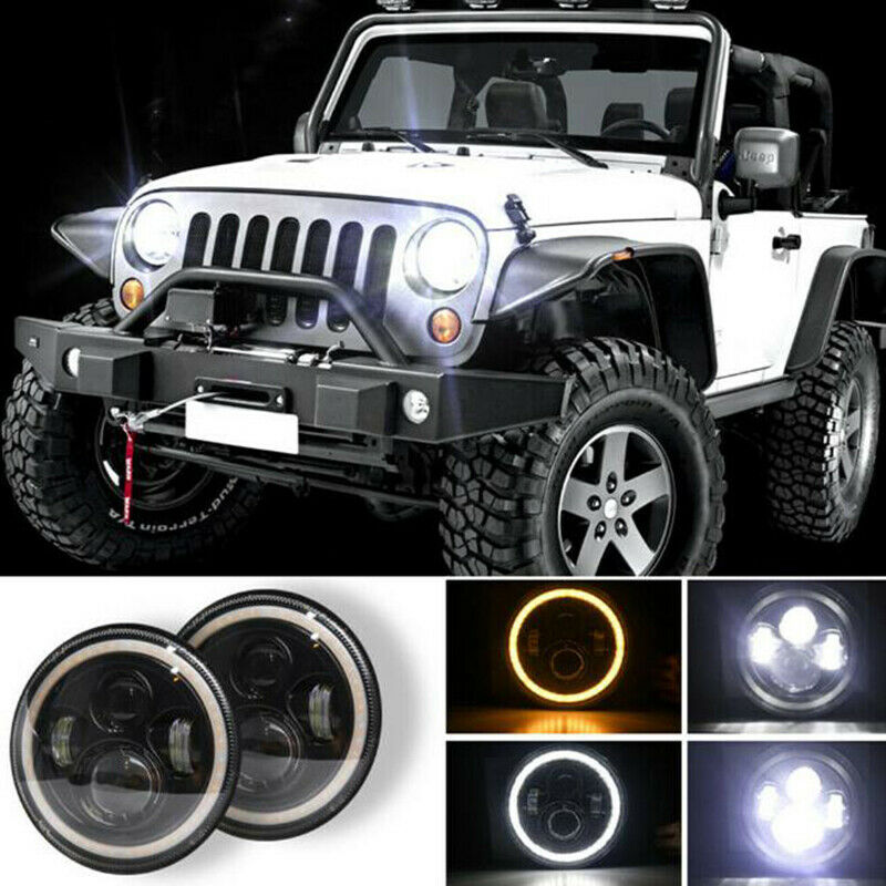 7 Inch Round LED Light Headlights Hi/Lo Beam Angle Eyes For Wrangler JK  N YBDA