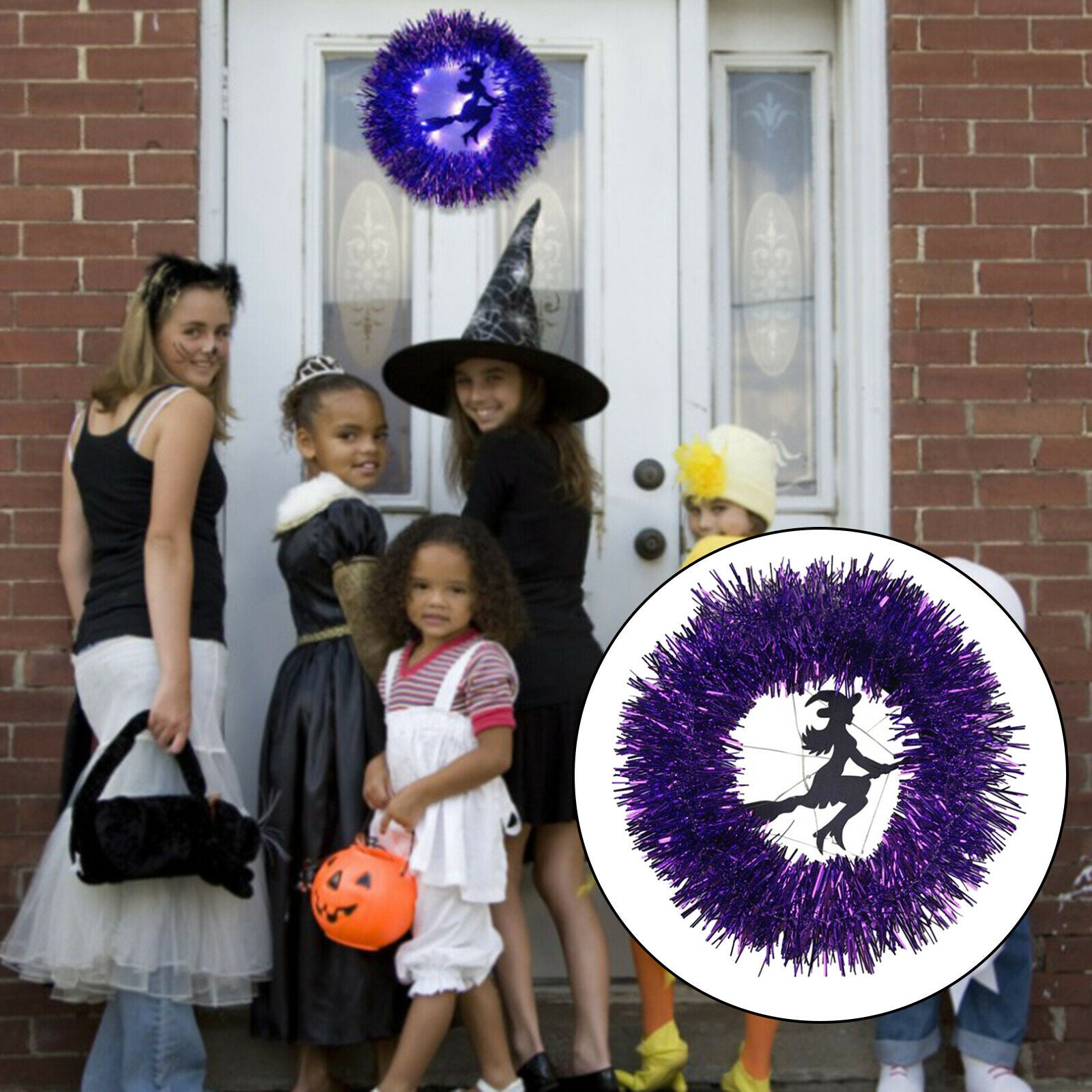 11.81-inch Happy Halloween Witch Wreath Hanging Purple Door Wall Party Decor