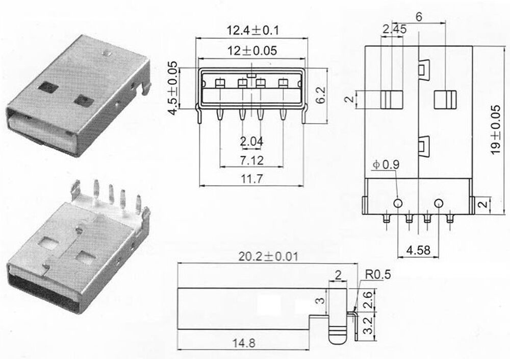 5Pcs USB Type 4pin A male socket Connector PCB Socket Right Angle 90 Degreee