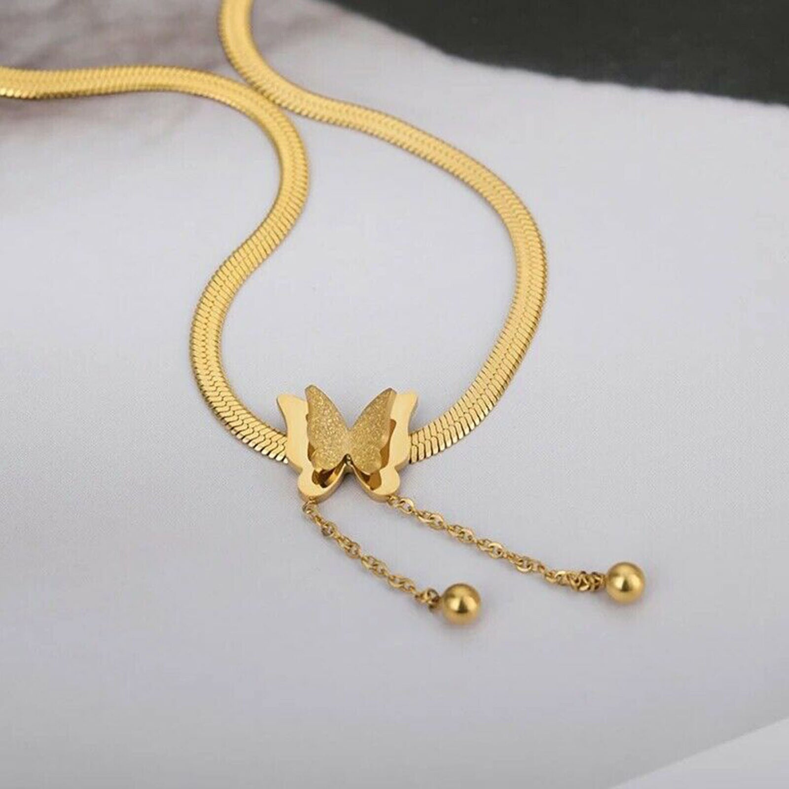 Women Butterfly Pendant Choker Adjustable Chain Charm Stainless Steel Necklace