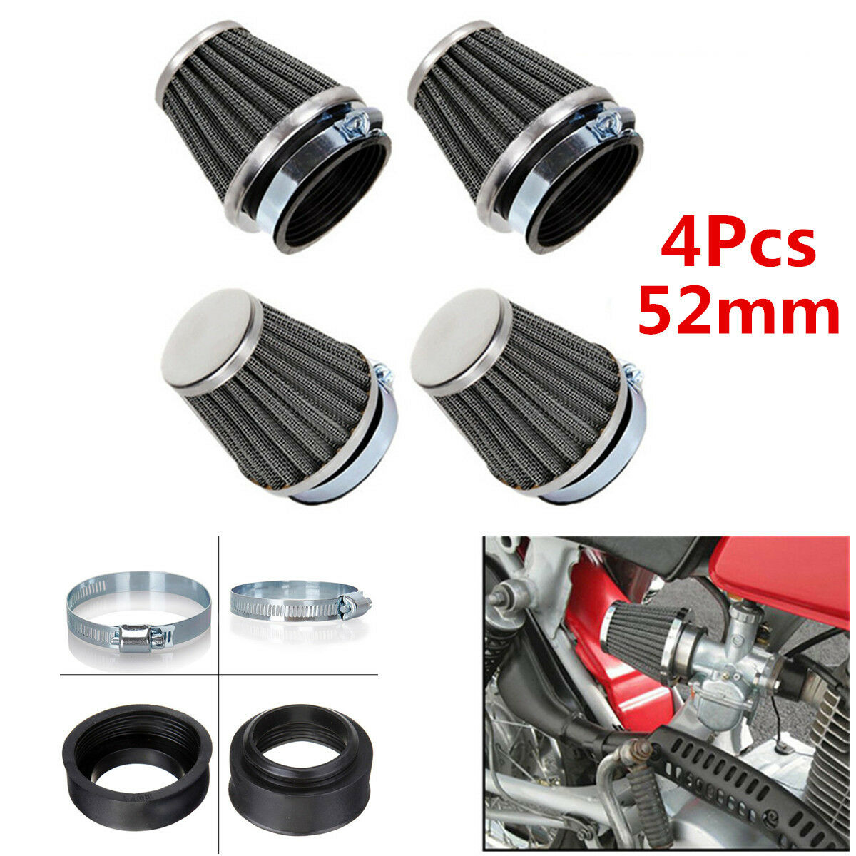 4Pcs 52mm Universal Motorcycle Air Filter Cleaner Kit For Yamaha Kawasaki Suzuki