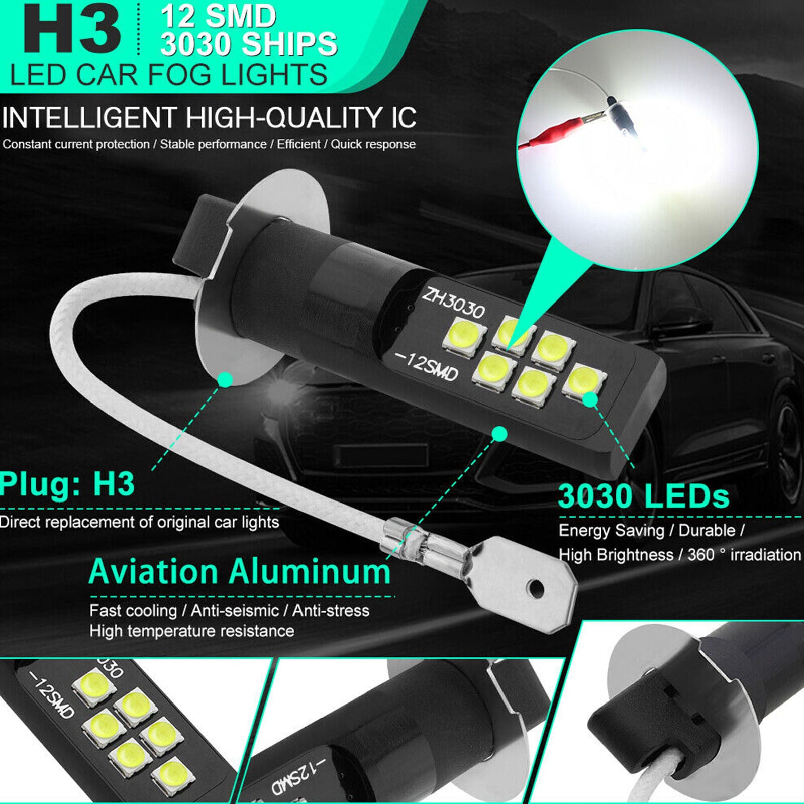 2pcs H3 LED Bulb 3030 SMD 6000K White Car Fog Light High Bright DRL Driving Lamp