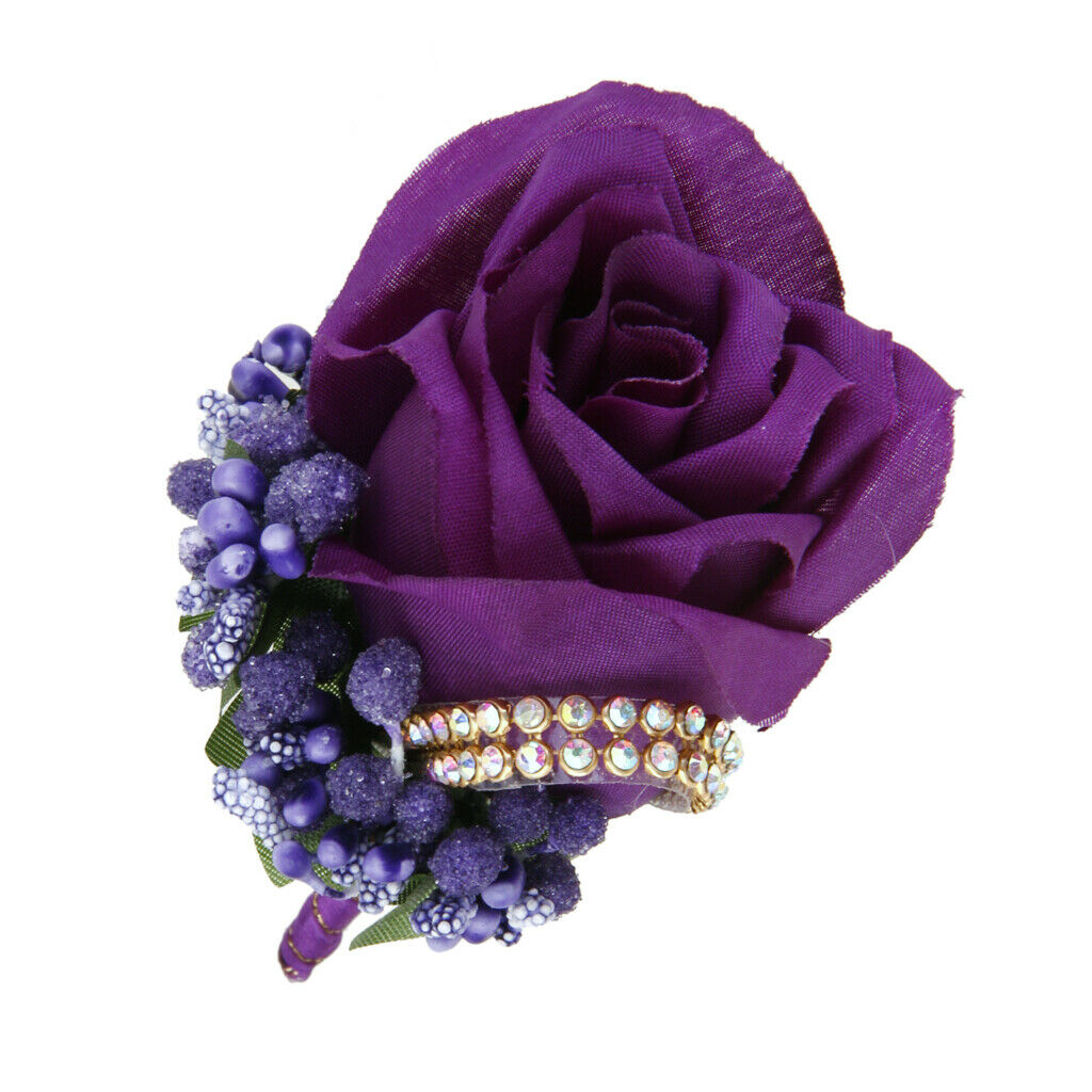 Wedding Bridal Groom Men Tuxedo Crystal Rose Brooch Pin Silk Flower Corsage 4