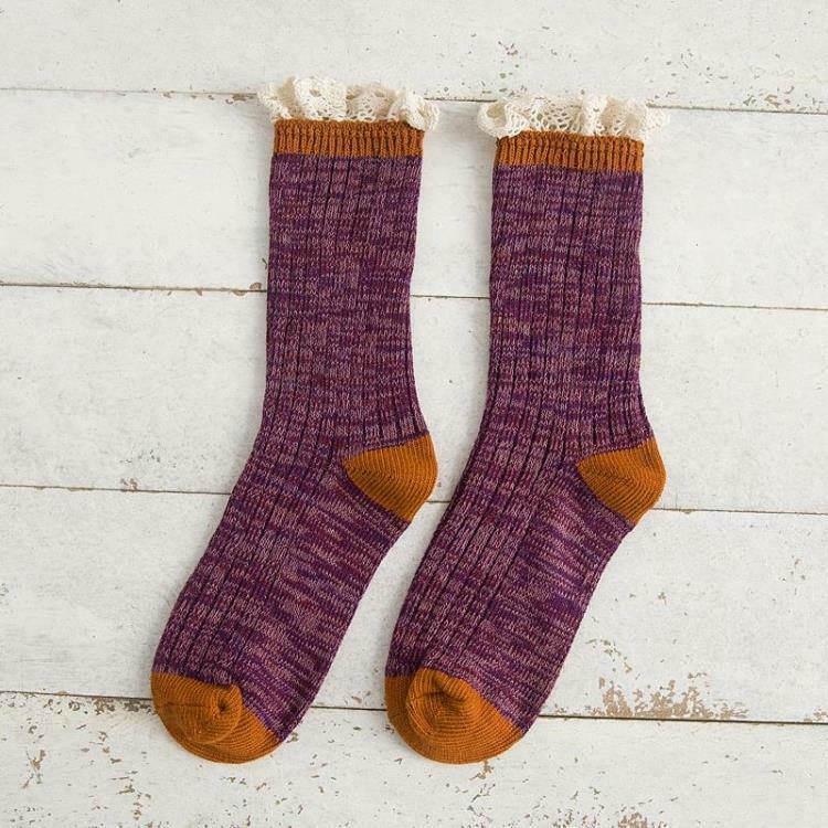 3 Pairs Women's Socks Cotton Blend Lace Ruffle Two Tones Knit Socks Thick Winter