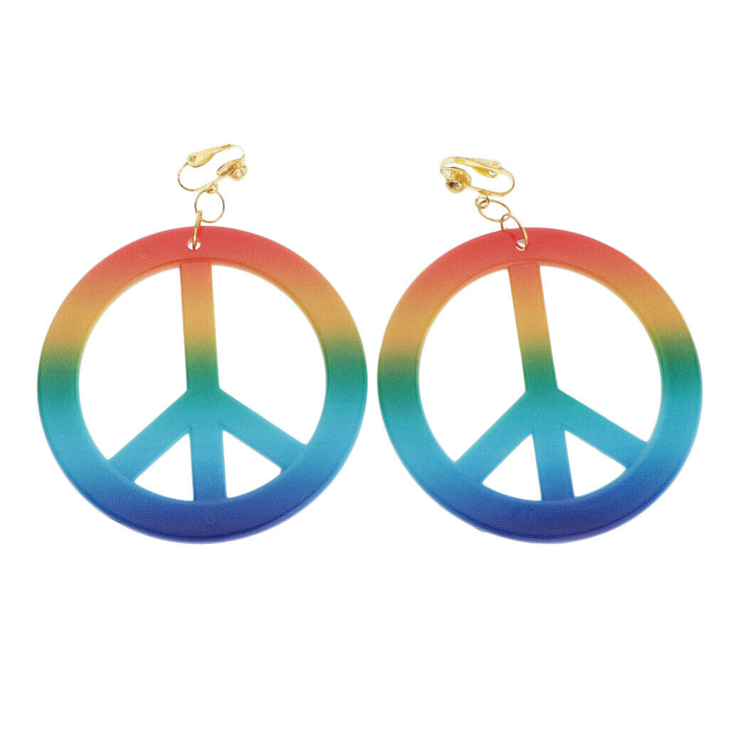 Retro Hipple Style Rainbow Peace Sign Earrings Large Ear Rings 1960's Women
