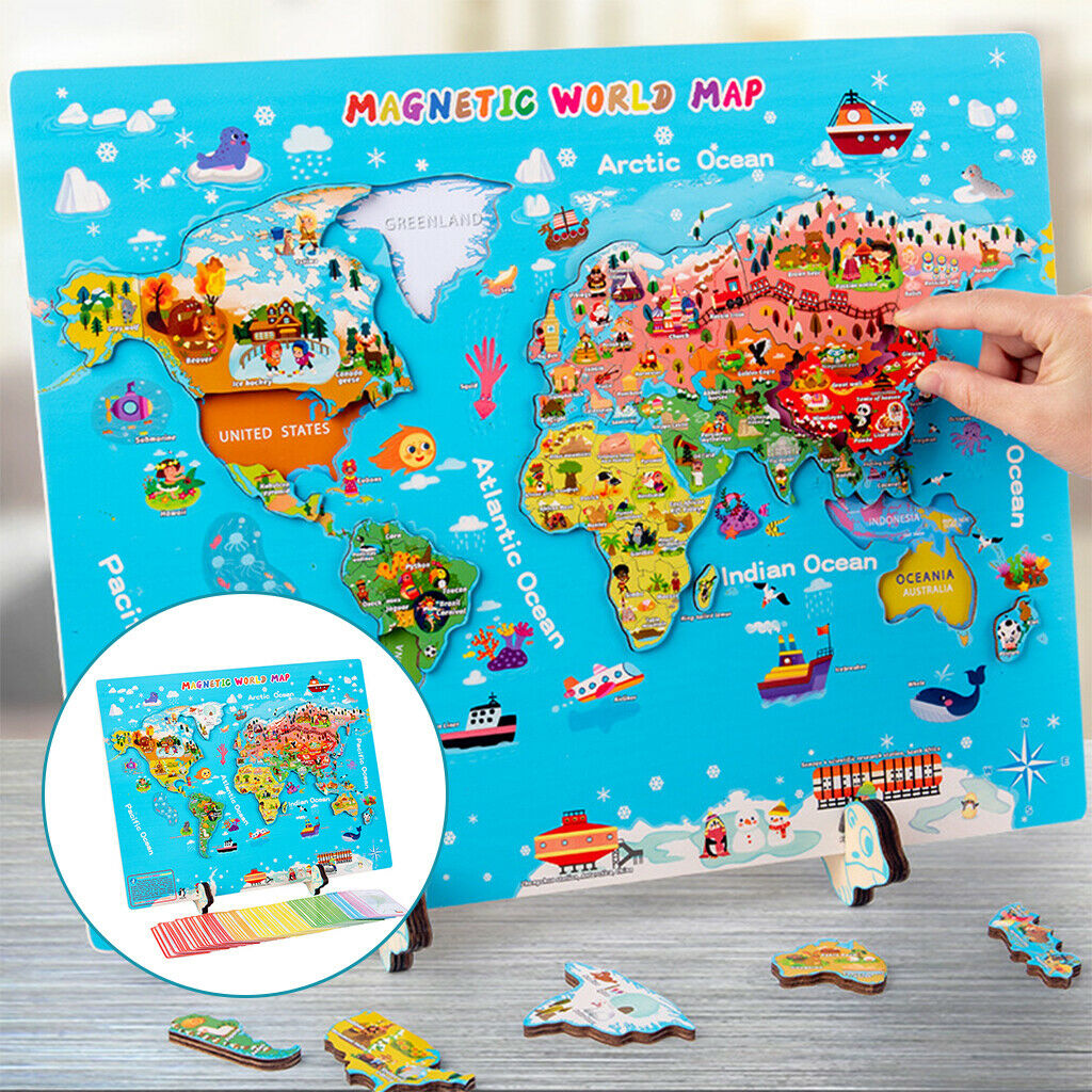 Wooden World Map Puzzles Montessori Learning Geography Block Toys for Kids