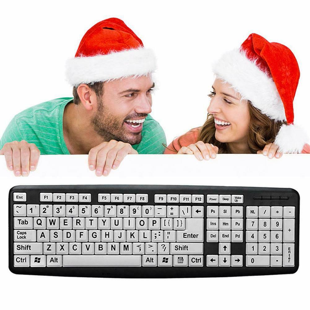 107 Keys USB Wired Large Print White Keys Black Letter Keyboard for Elderly Old