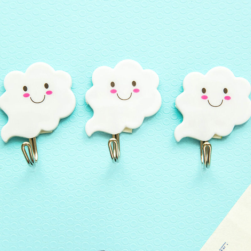 3X White Cloud Self Adhesive Sticky On Hooks Kitchen Bathroom Towel JzJC.l8