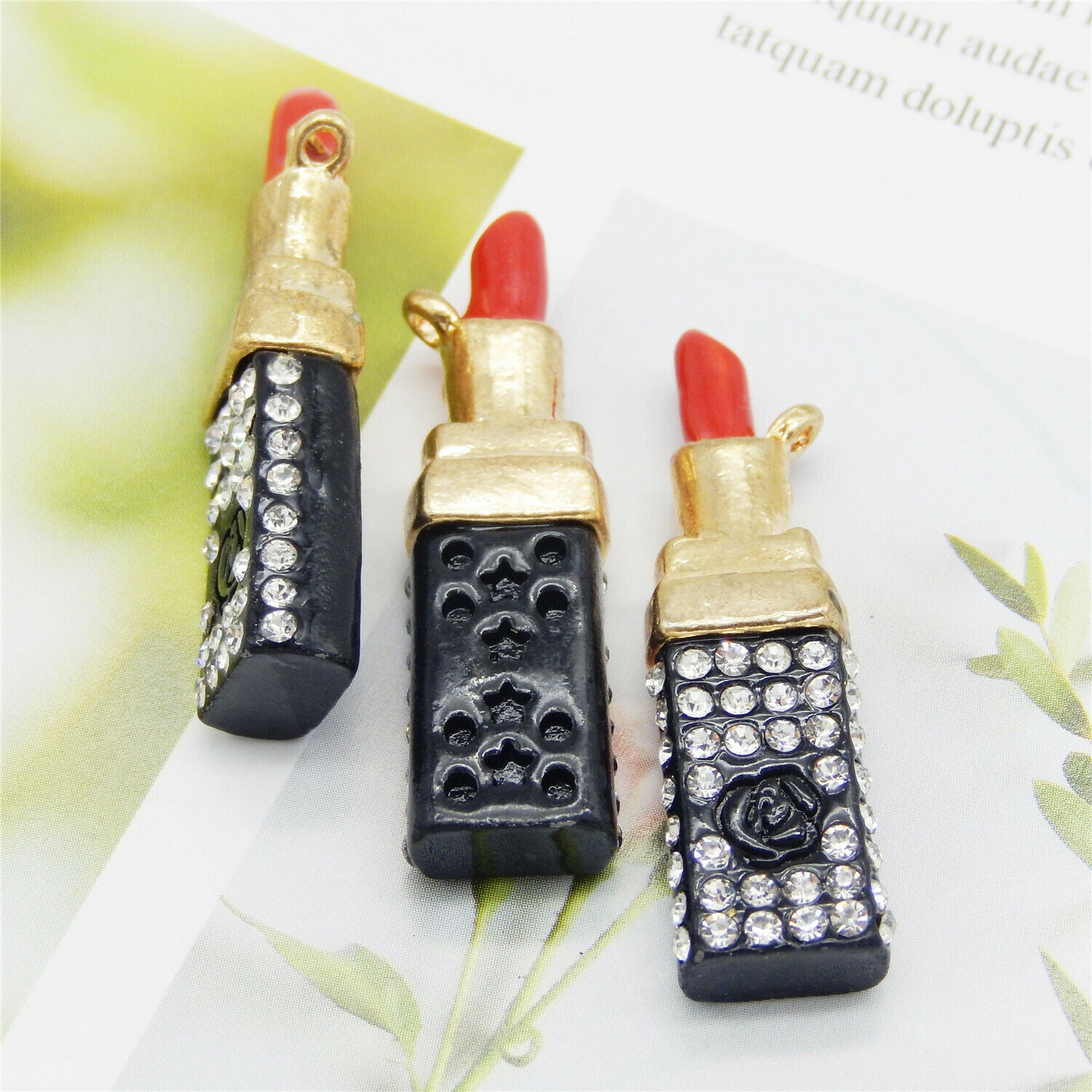 3 pcs Enamel Lipstick Metal Crystal Pendant Charm DIY Jewelry Findings 37x11mm
