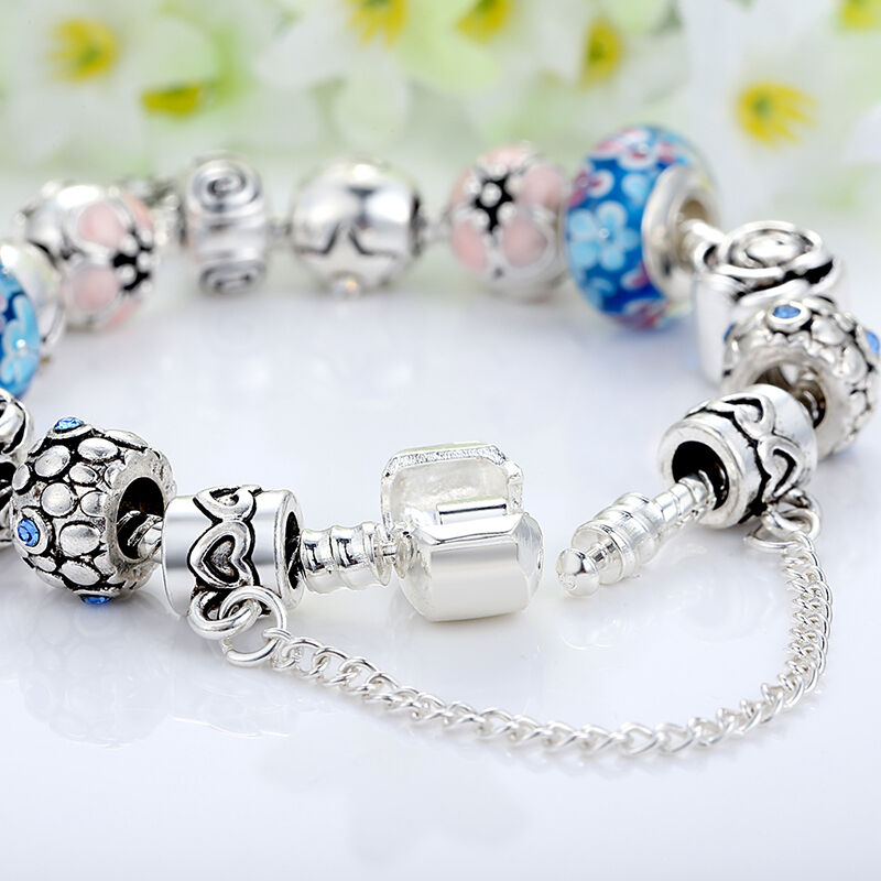 European 925 Glass Bead Charm Bracelet With Crystals Fit Women Authentic Jewelry