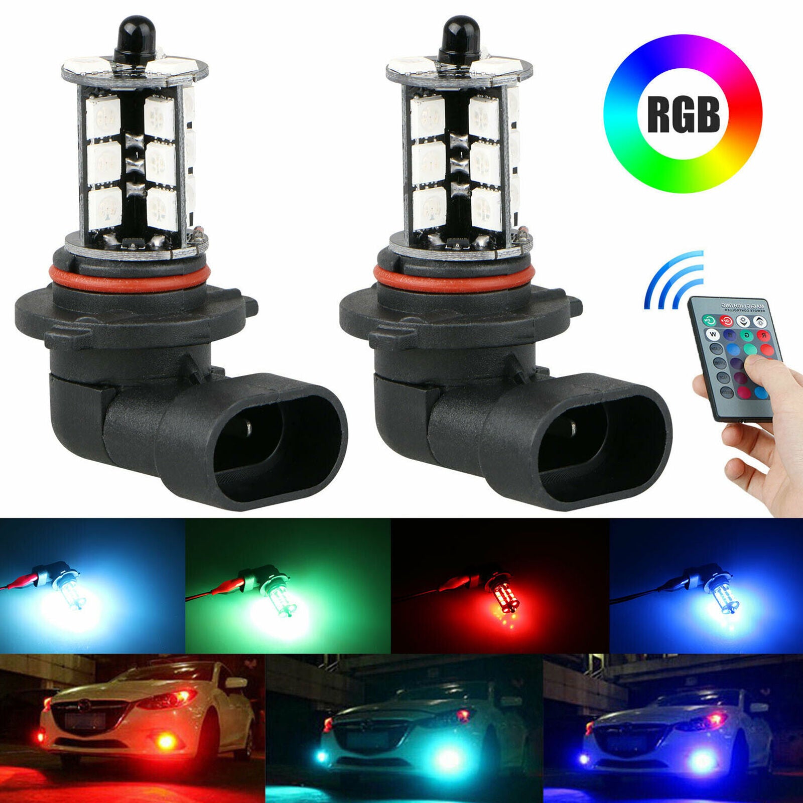 2x 9006 LED 27-SMD 5050 RGB Car Headlight Fog Light Lamp Bulb + Remote Control