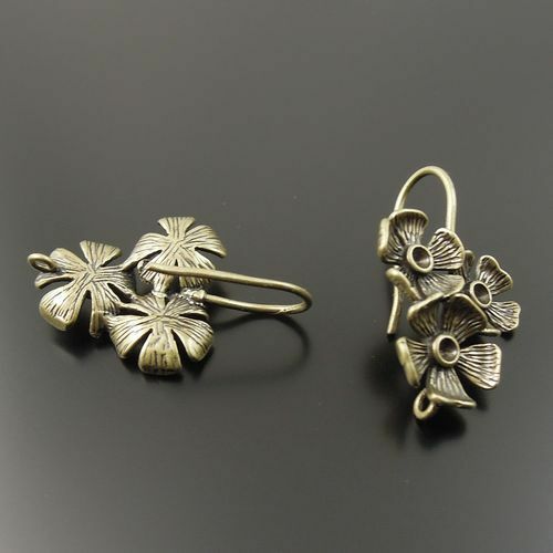8 pcs Antiqued Bronze Color Brass Hook Earrings 3 Flowers Charm Dangle Earwear