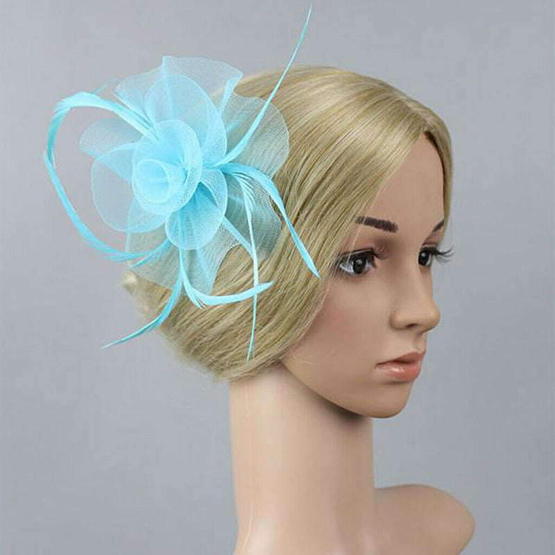 Flower Net Feather Fascinator Beak Clip Wedding Races Fascinator Baby Blue