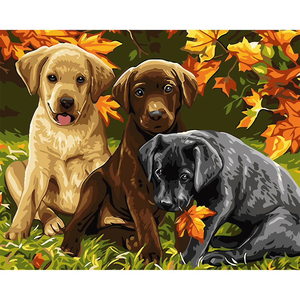 Leaves Dogs DIY Oil Painting By Numbers Kit Canvas Hand Painted Wall Art @