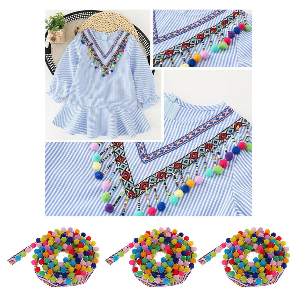 3Yds Embroidery Trim Pom Pom Fringe Ribbon Trimming DIY Clothing Headband Sewing