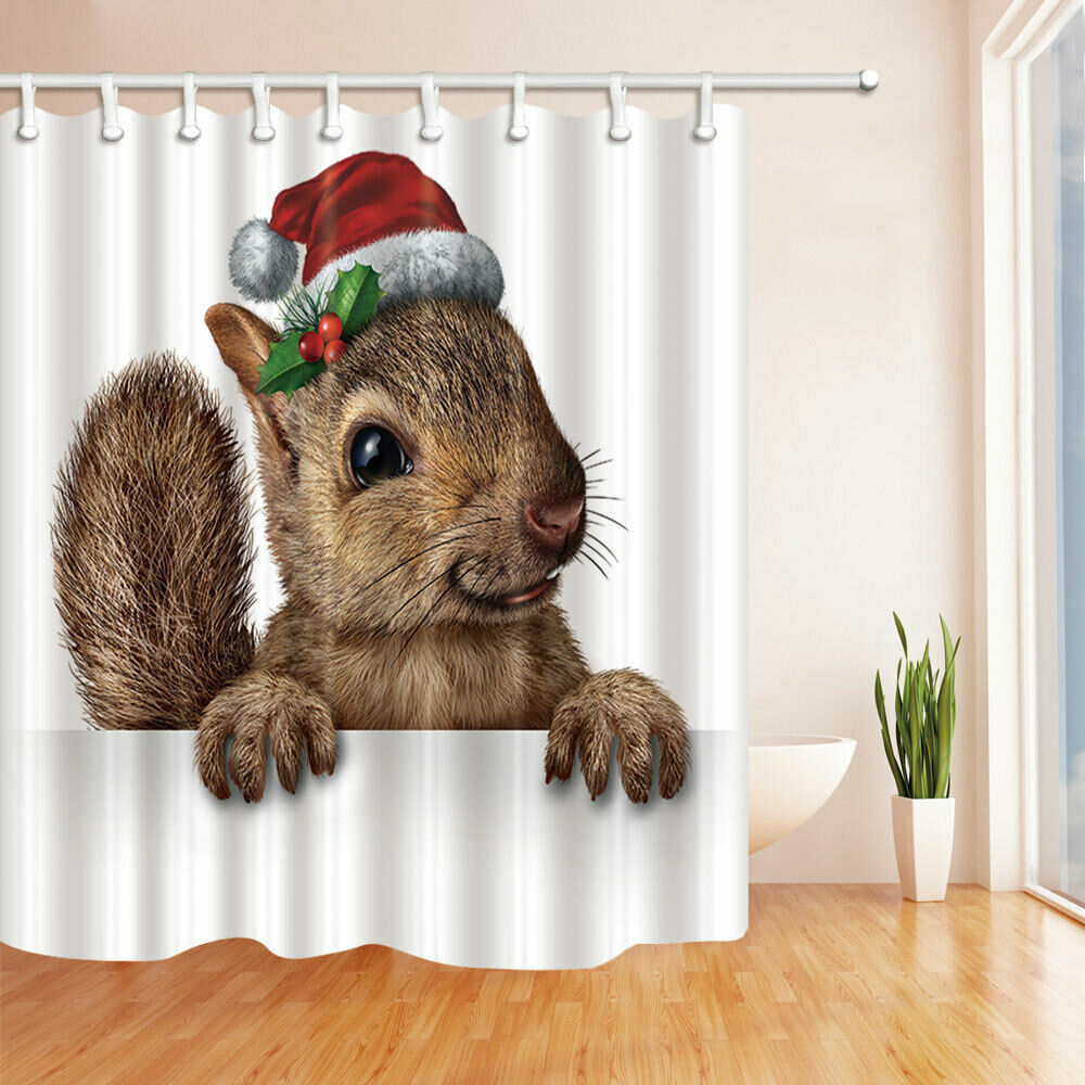Christmas Hat Squirrel Fabric Bathroom Shower Curtains & Hooks 71x71"
