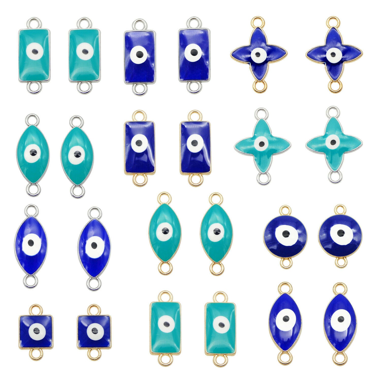 12 Mix Blue Alloy Evil Eye Enamel Charm Bracelet Pendant Connector Craft Jewelry