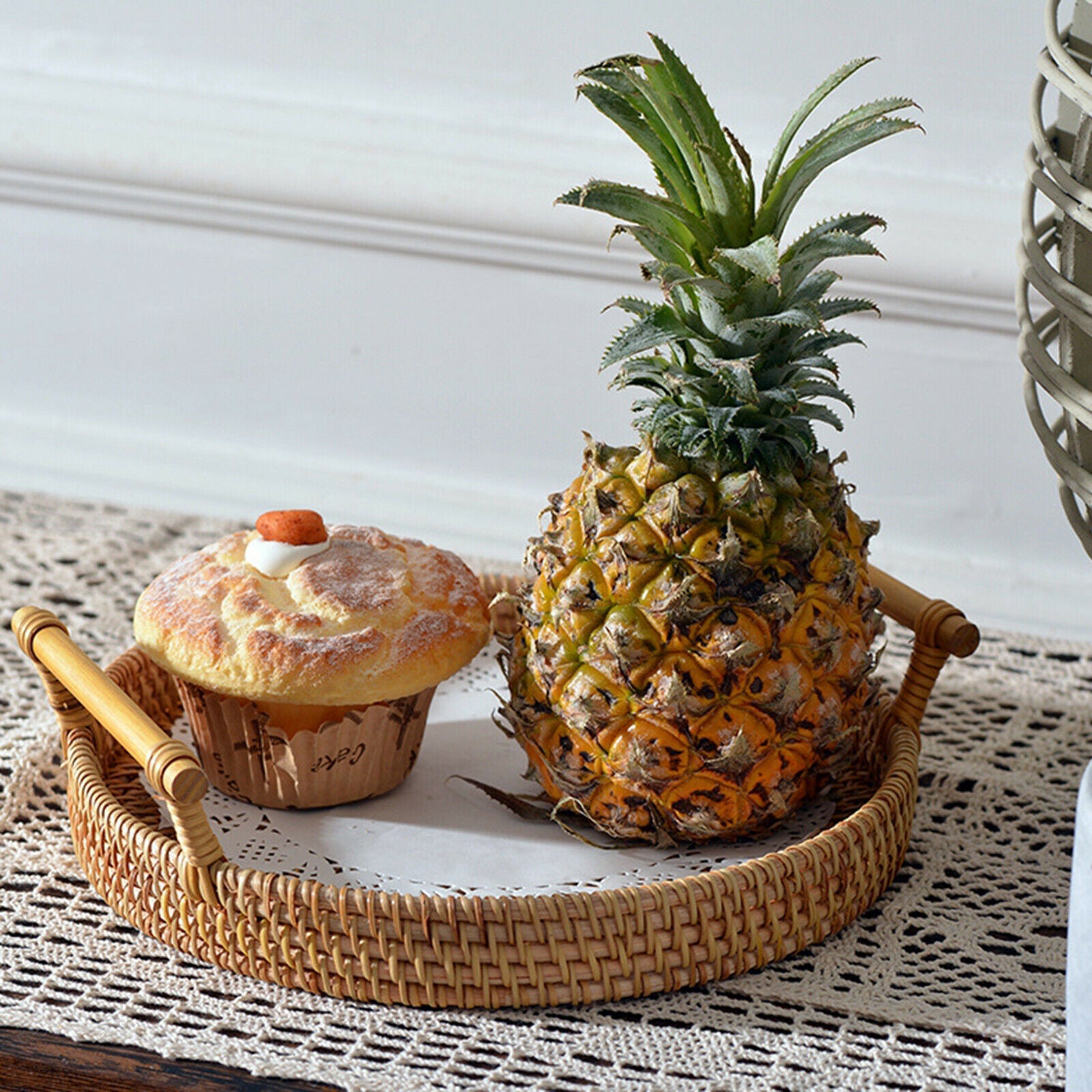 Handwoven Bread Basket Wicker Storage Tray Tea Drinks Snack Home Decor 24x3cm