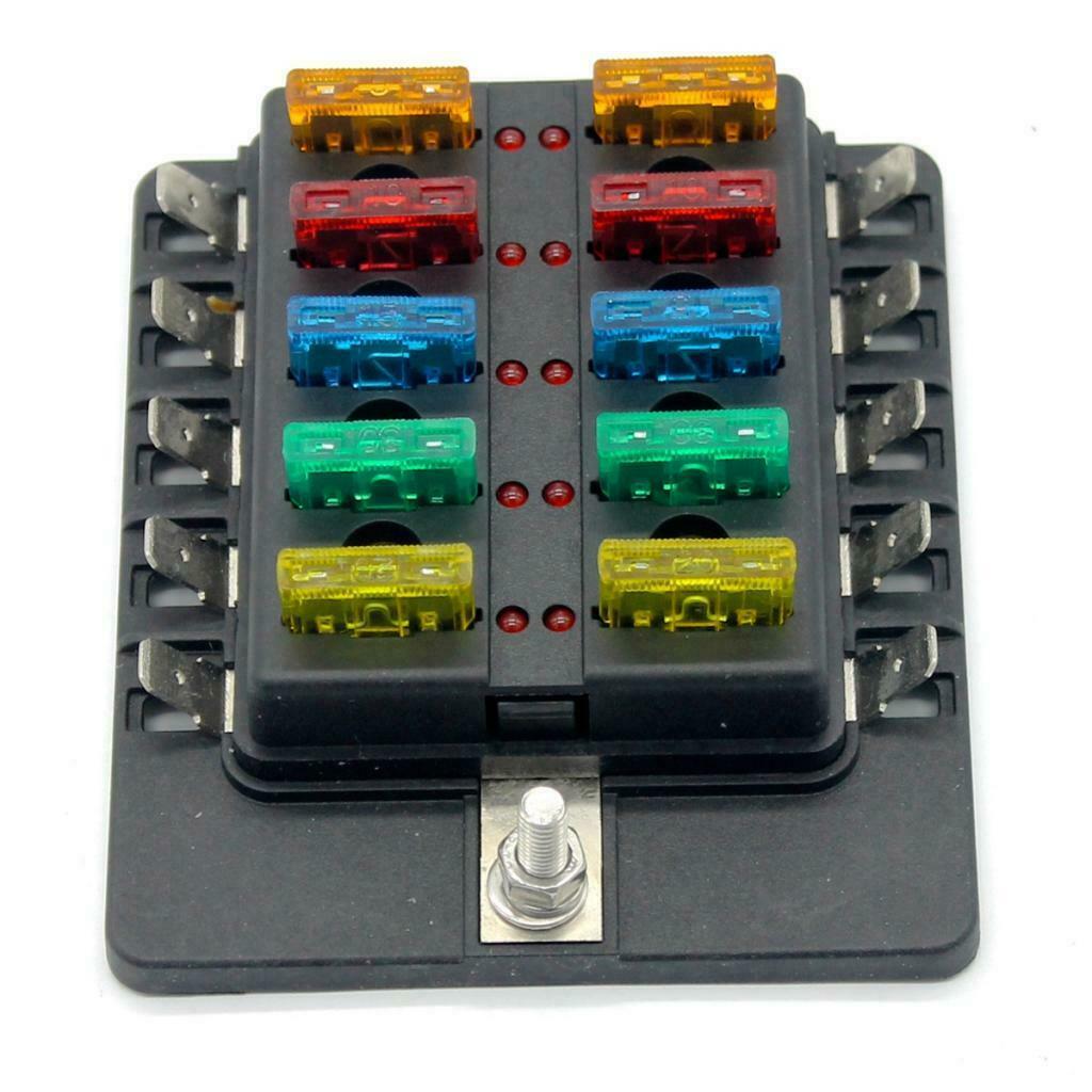 32V 10 Way Blade Fuse Box Holder LED Warning Light for RV Boat Marine Truck