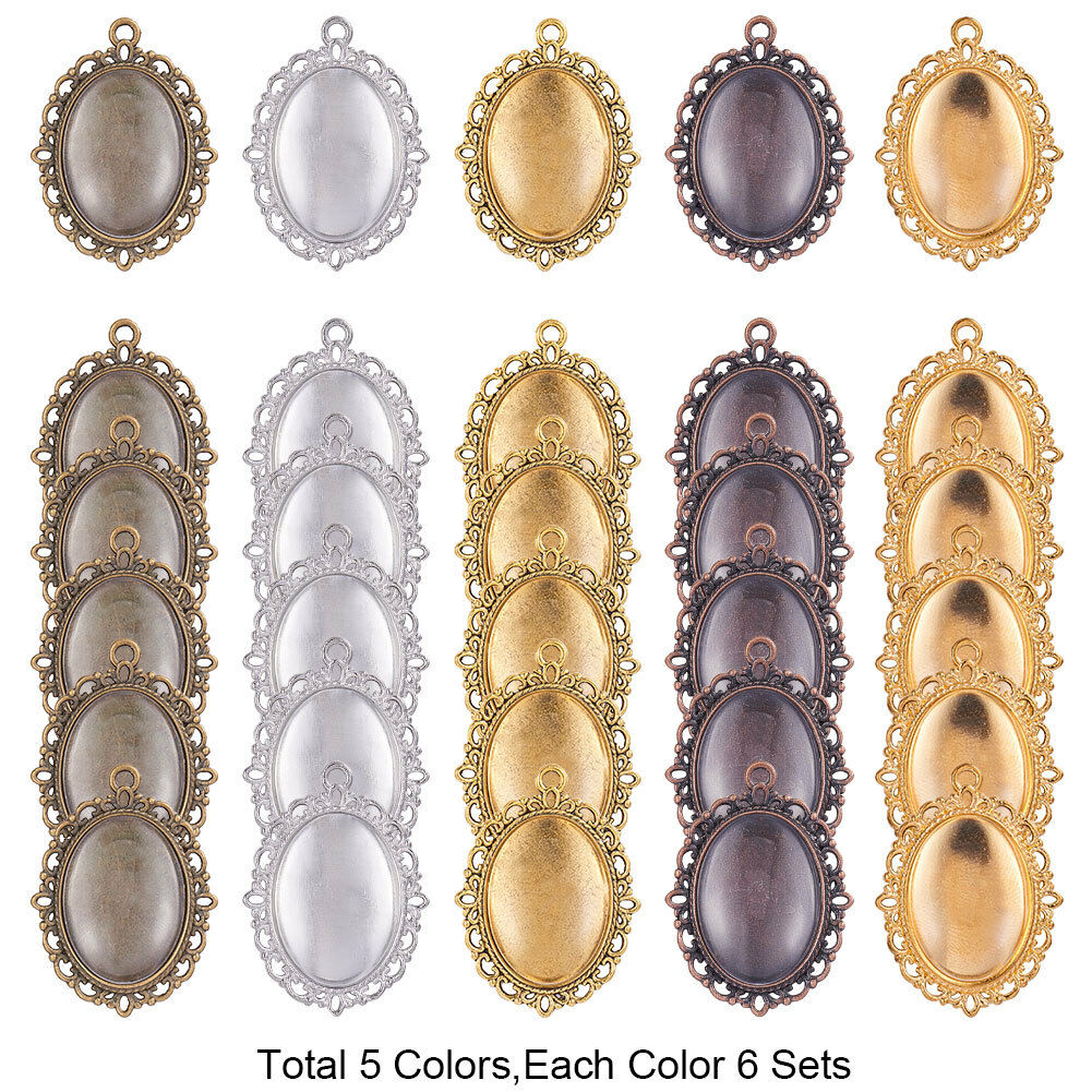 30 Pcs Oval Pendant Trays Bezel with Dome Glass Cabochon for DIY Jewelry Making