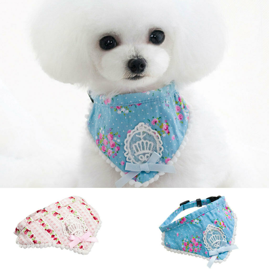 Pink Floral Pattern Dog Collar Lace Bowtie Stretchable Puppy Saliva Towel-S