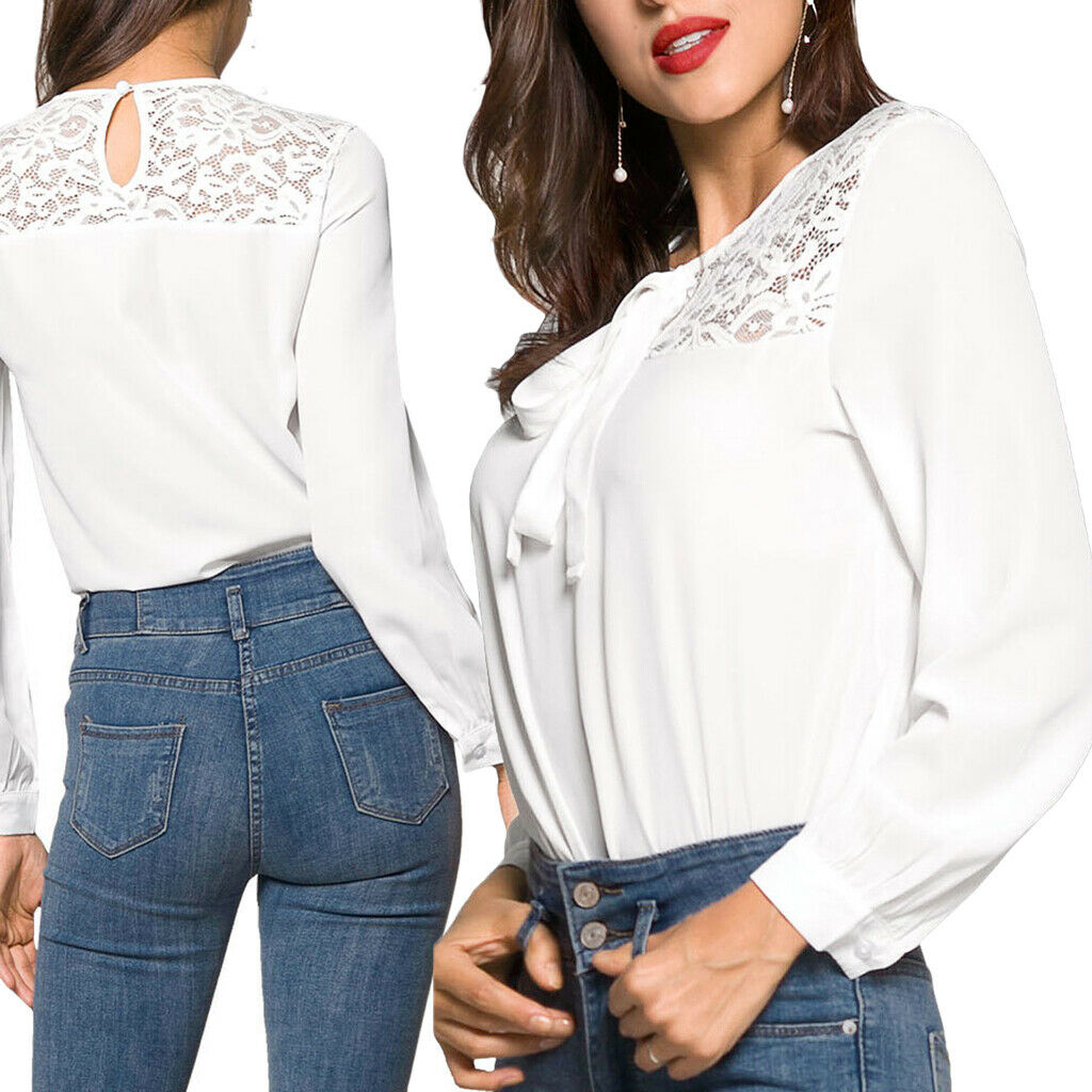 Fashion Women Ladies Loose Casual Chiffon Long Sleeve Shirt Tops Blouse S White