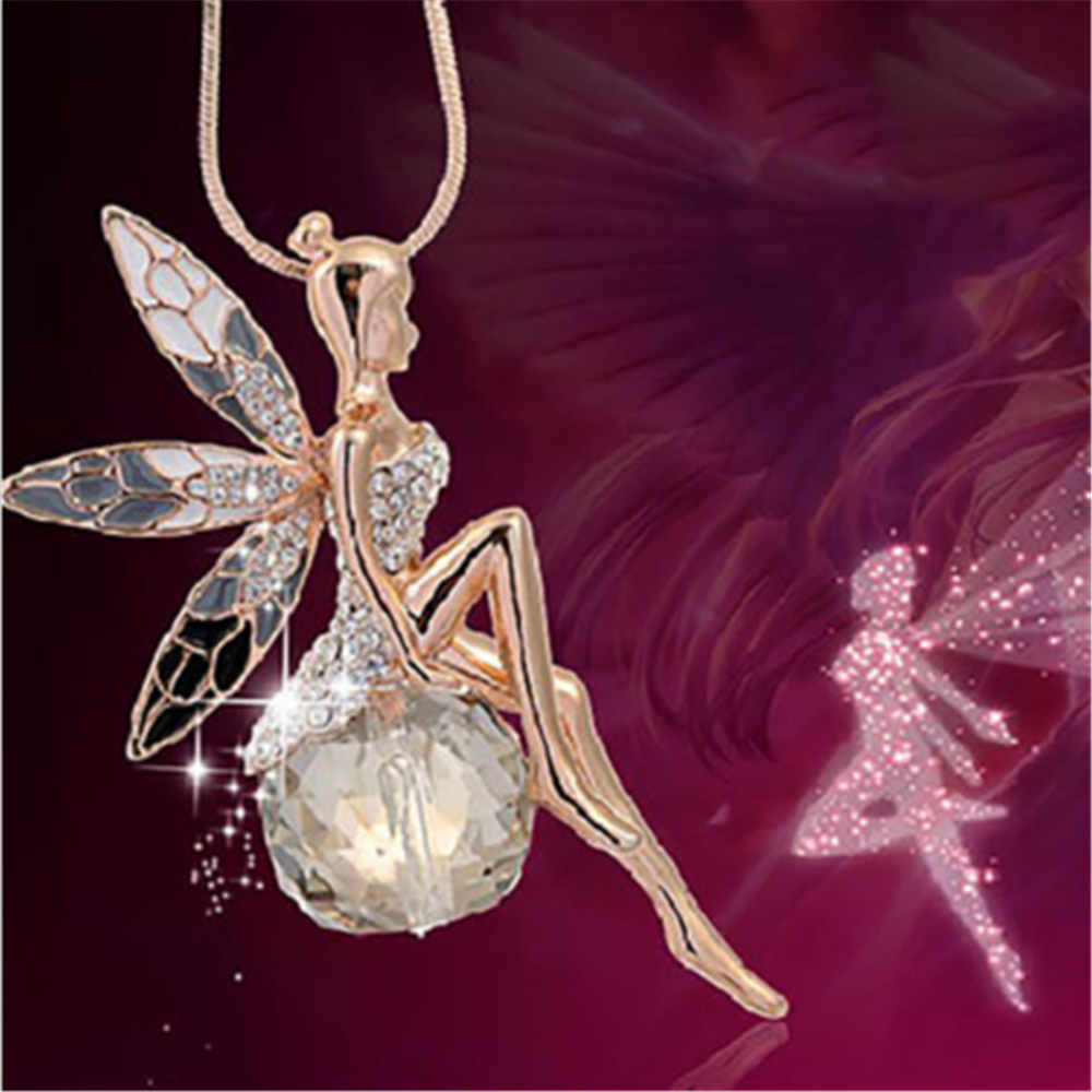 Romantic Women Crystal Fairy Angel Wing Pendant Long Chain Sweater Necklace Gift