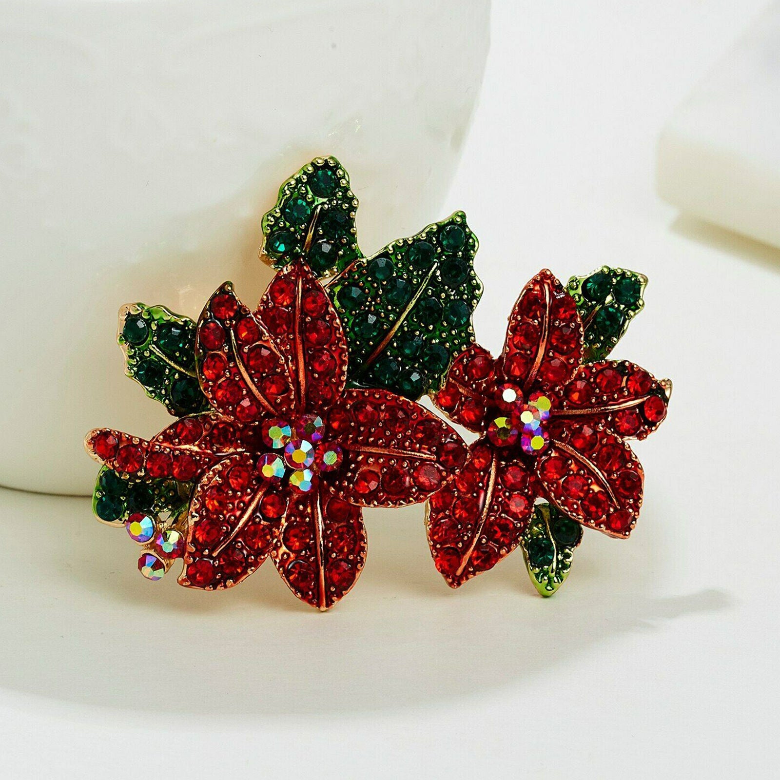 Deluxe Handcrafted Rhinestone Poinsettias Christmas Brooch PinNew