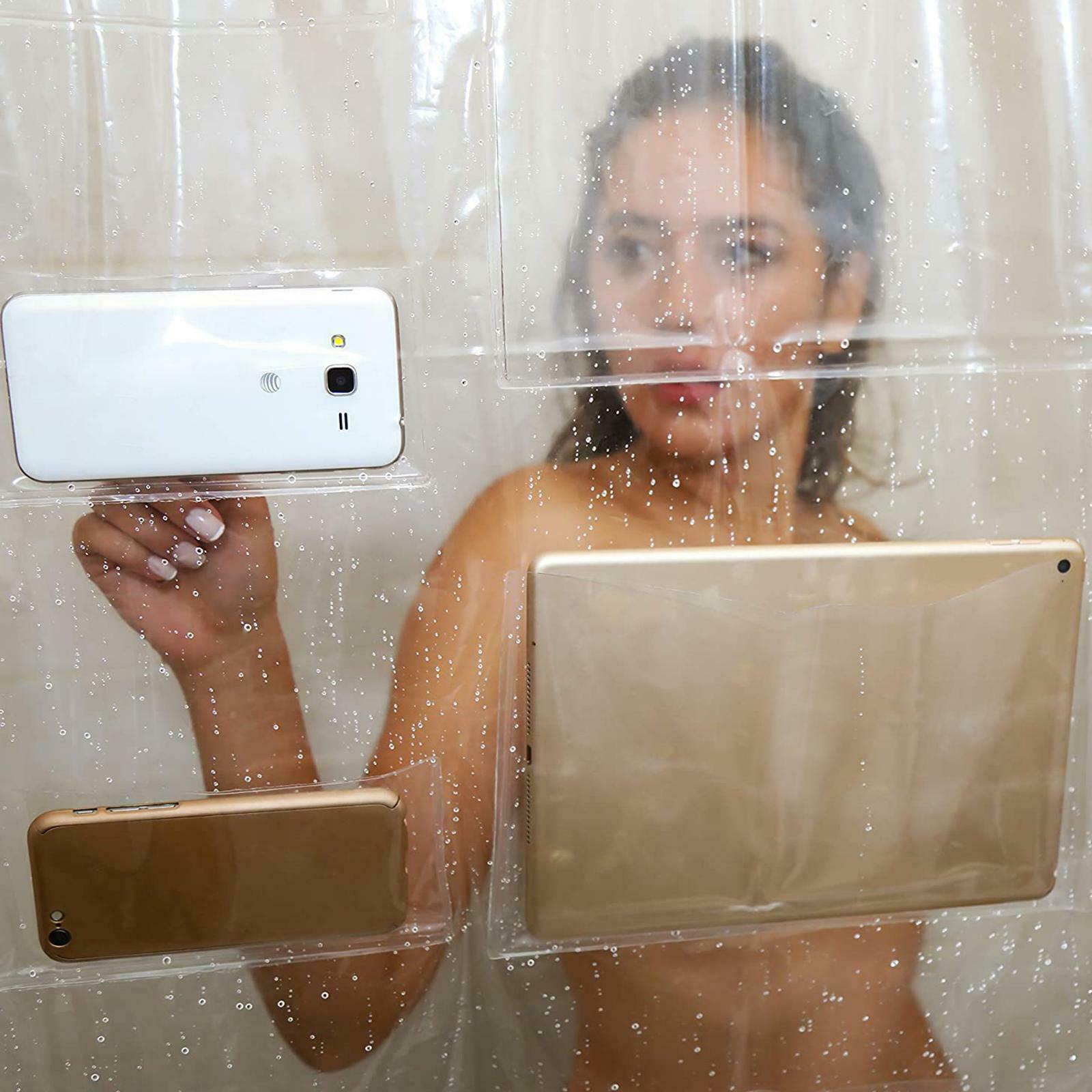 Clear PEVA Shower Curtain With Pockets for Dorm Apartment Bathing Bathroom