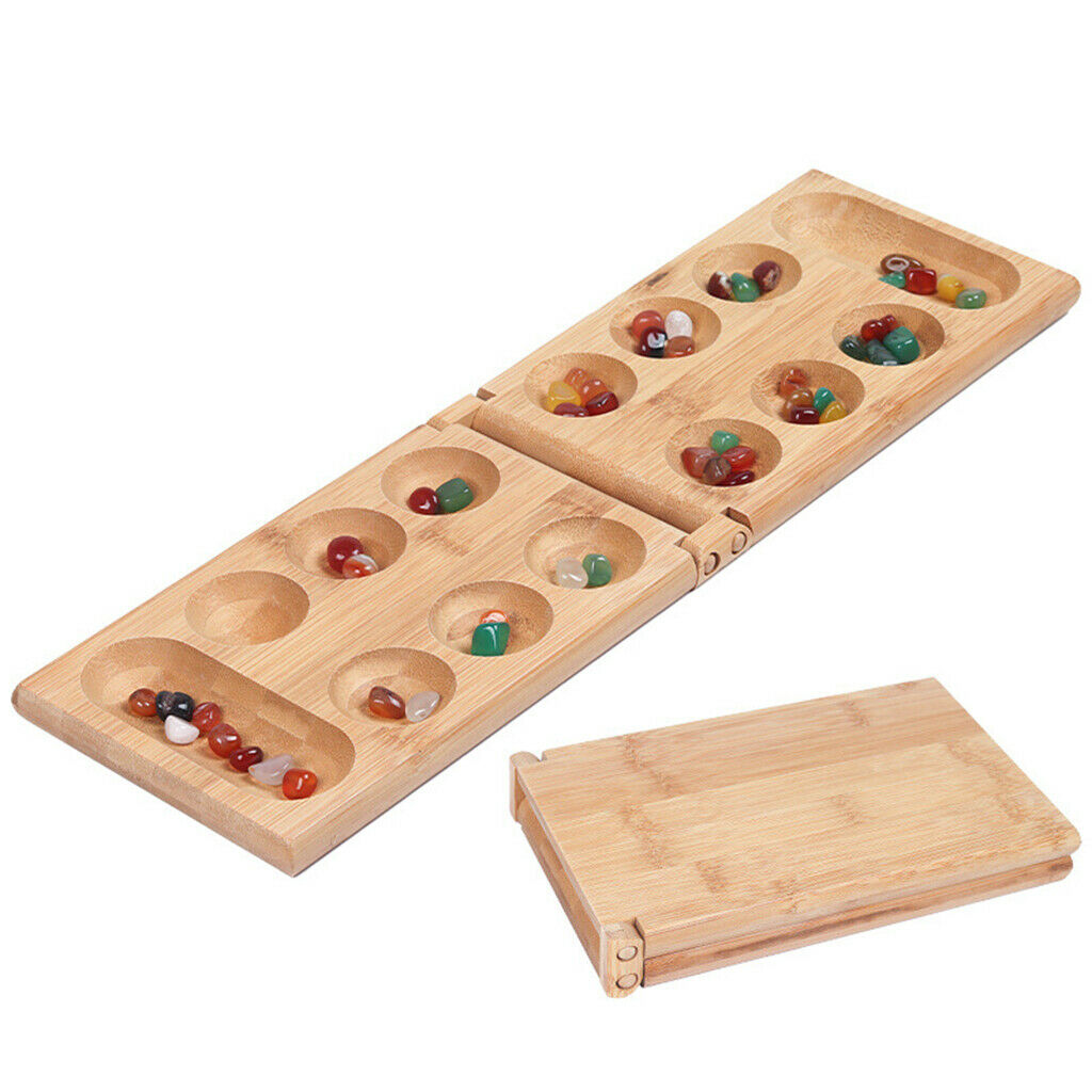 Portable Foldable Wooden Mancala Board Game with 48 Colourful Stones for Kids