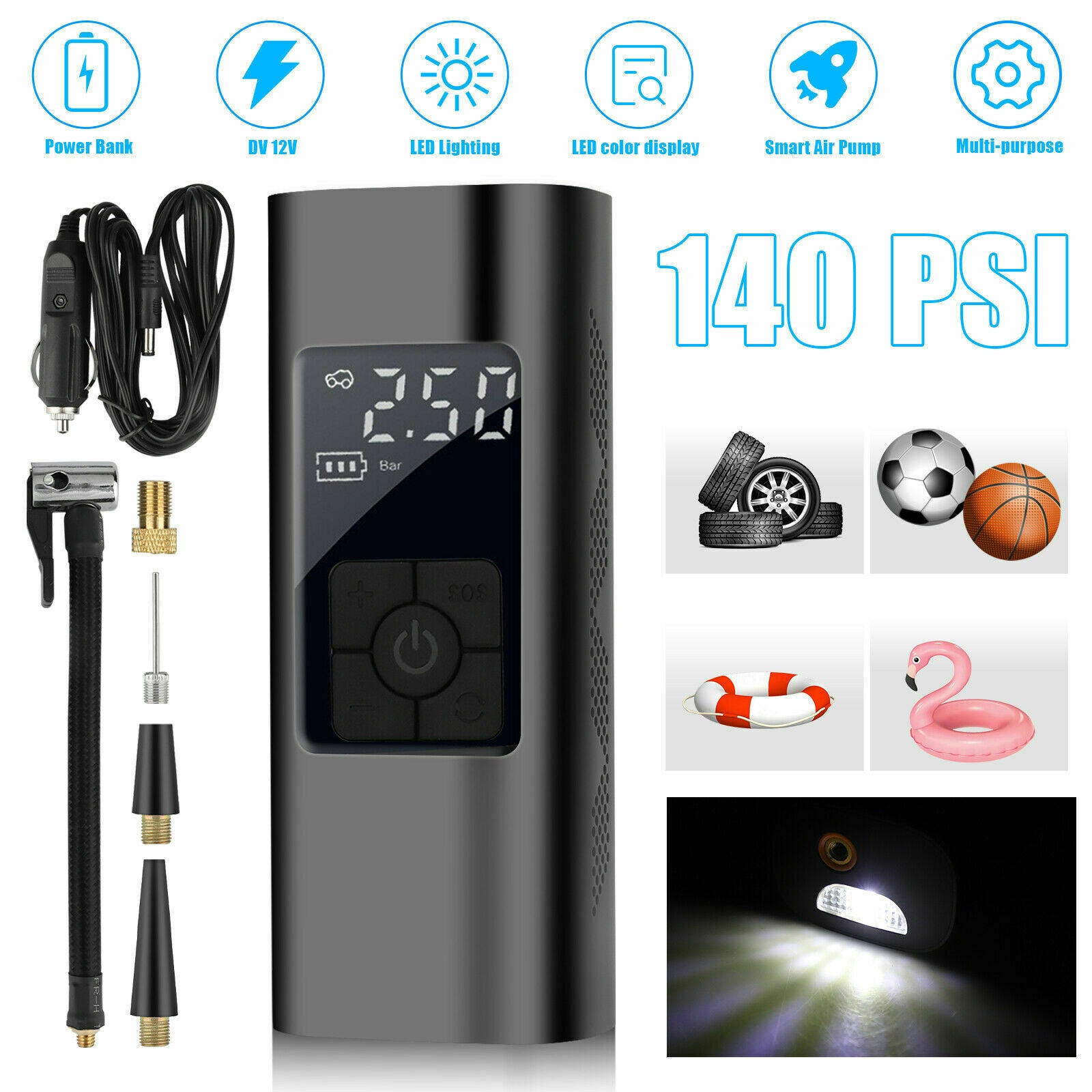 140PSI Car Rechargeable Air Pump Wireless Electric Tire Inflator w/LED display